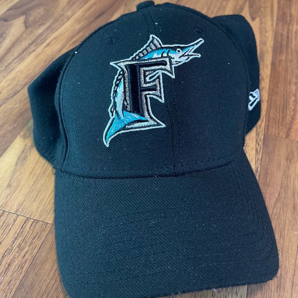 New Era Florida Marlins 39THIRTY Hat Mens Medium Large Black Stretch Fit MLB Cap